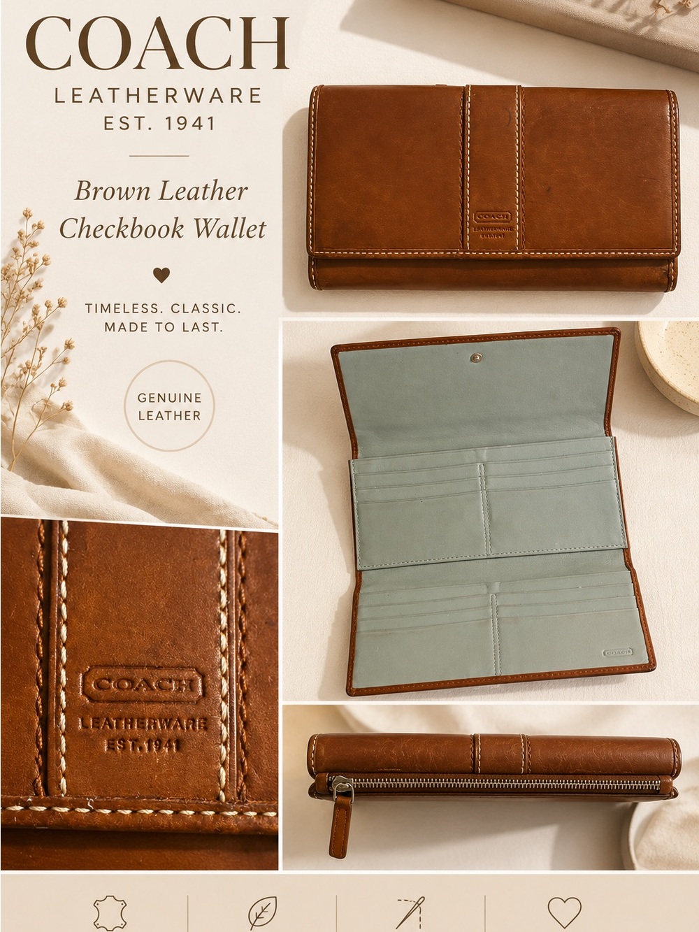 Coach Leatherware Est. 1941 Brown Leather Wallet Checkbook Organizer